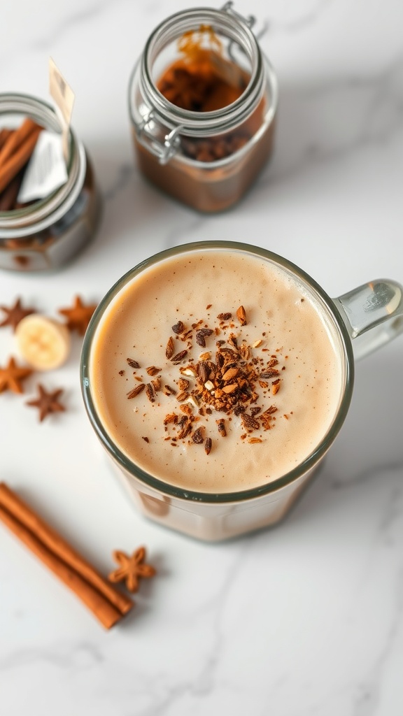 A glass of chai banana smoothie topped with spices and a banana slice