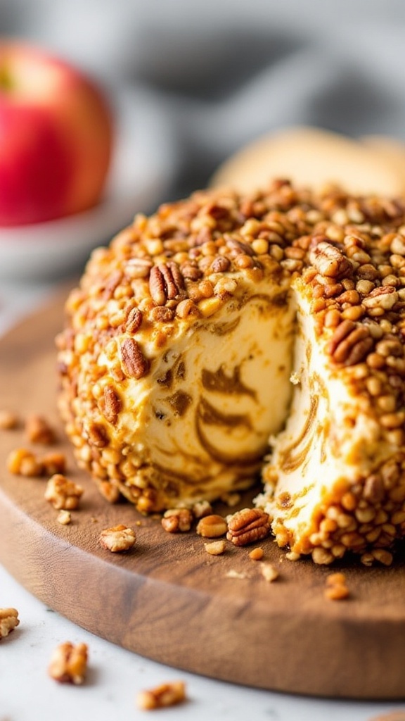 Cheddar cheese ball coated with pecans and apple chutney