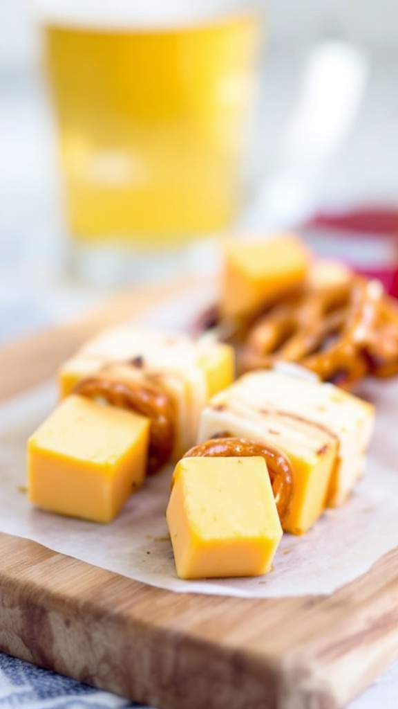Cheese and pretzel bites on skewers, perfect for finger food appetizers.