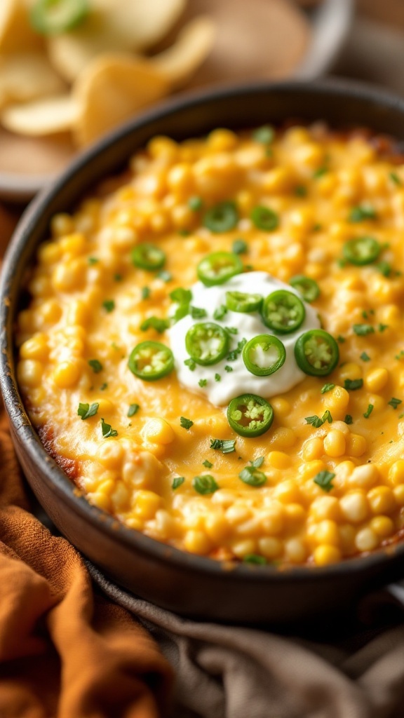 A delicious cheesy corn dip topped with jalapeños, served in a white bowl.