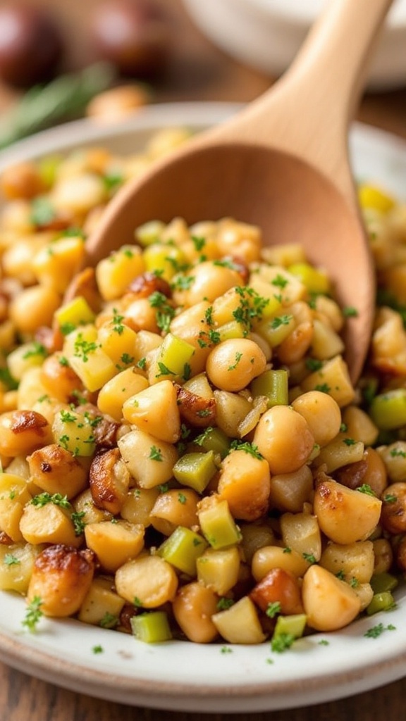 A festive bowl of chestnut and celery stuffing, showcasing a blend of ingredients for Thanksgiving.