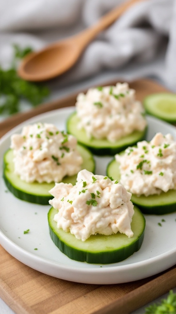 A wooden platter with cucumber rounds topped with chicken salad.