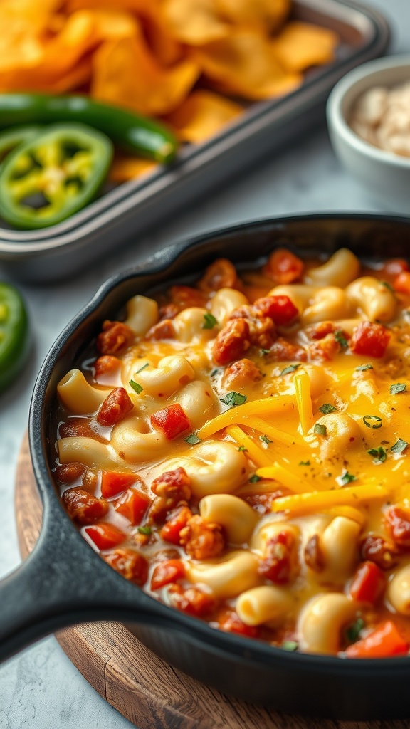 A warm and cheesy chili mac dip served in a cast iron skillet, garnished with cheese and green onions, perfect for dipping.