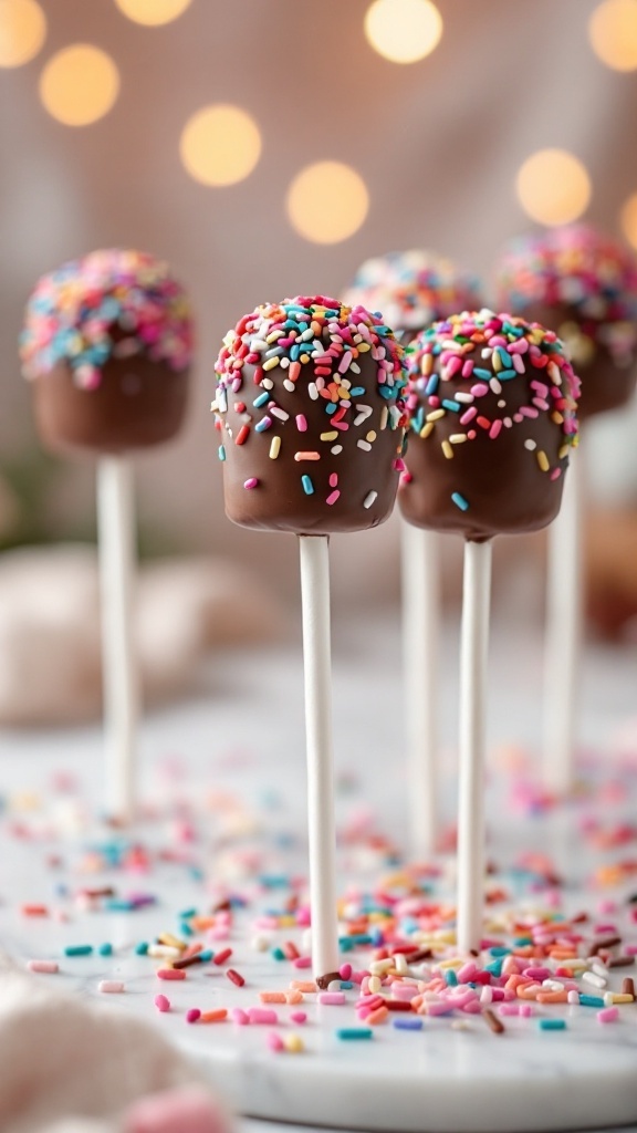 Chocolate-dipped marshmallow pops with colorful sprinkles