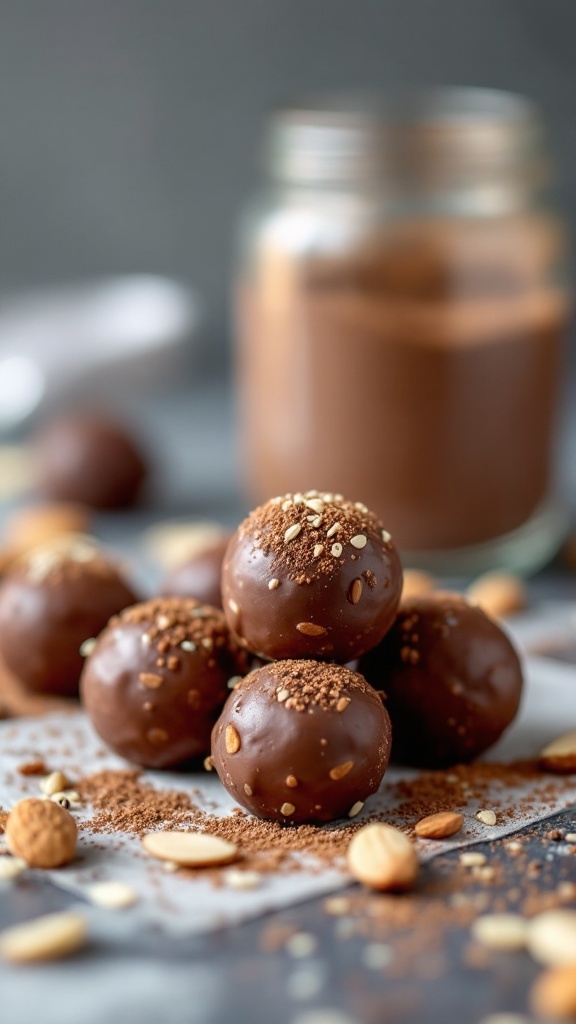 Plate of chocolate almond butter energy balls topped with nuts and cocoa powder