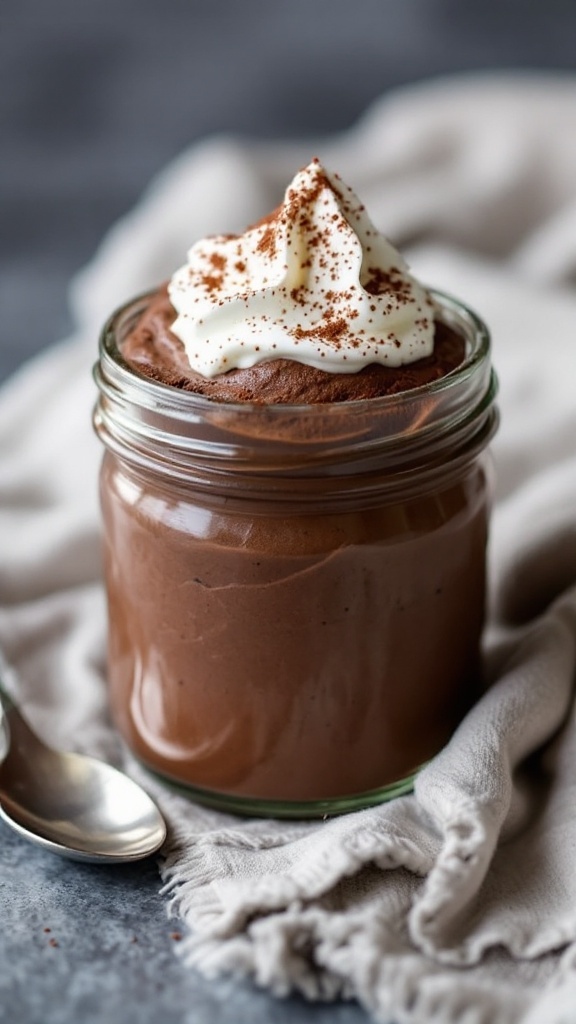 A glass jar of chocolate avocado mousse topped with whipped cream and cocoa powder.