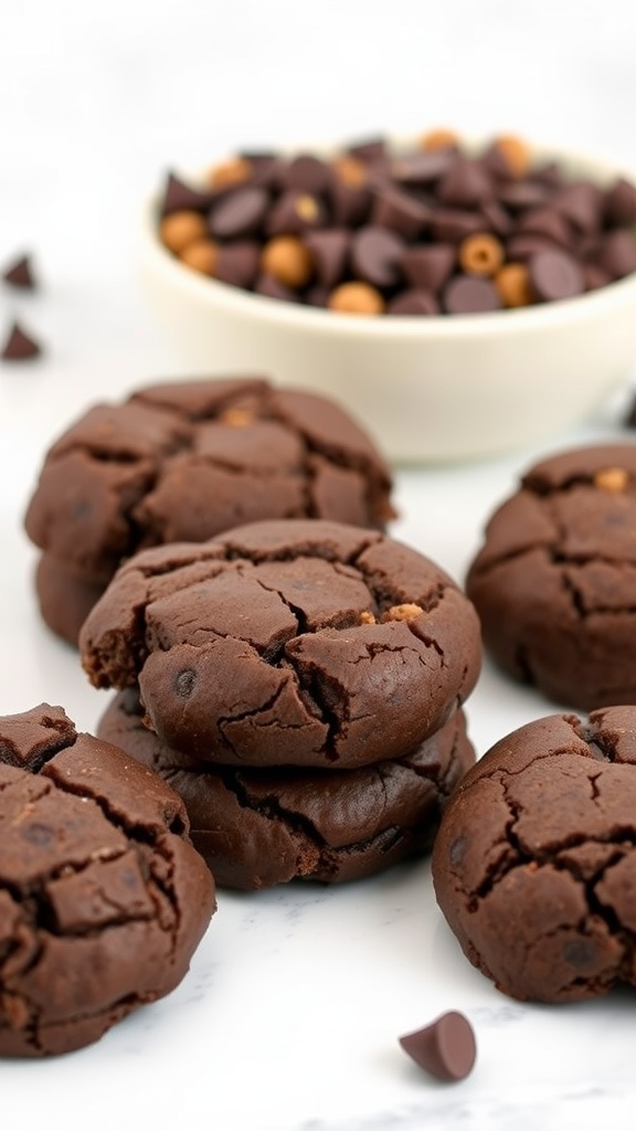 Delicious chocolate chickpea cookies stacked on a marble surface.
