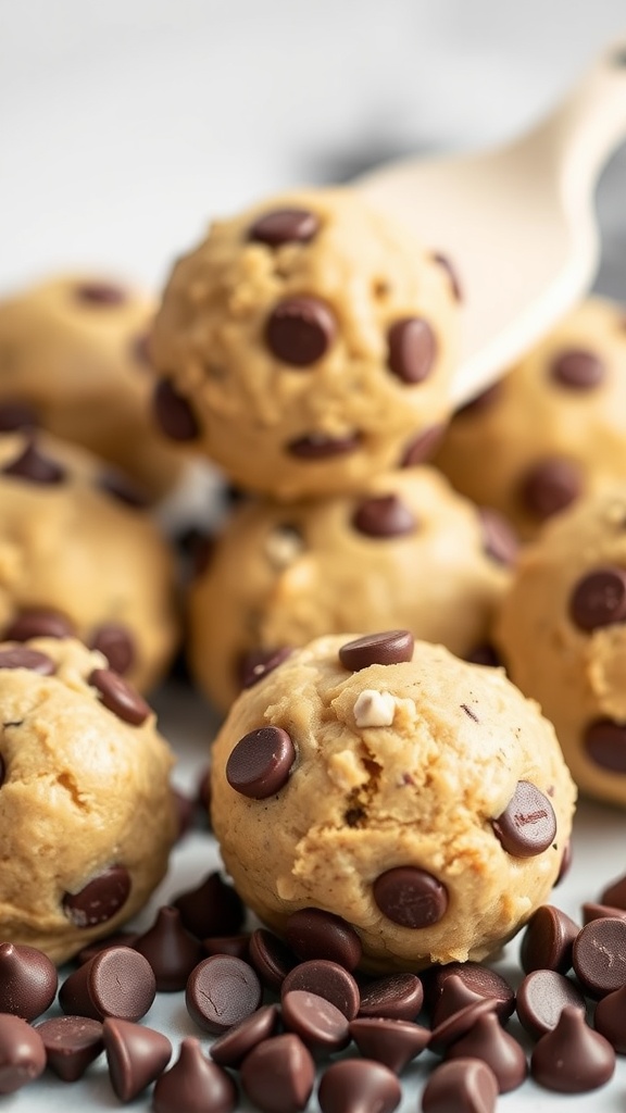 Delicious chocolate chip cookie dough protein balls with chocolate chips on a surface.