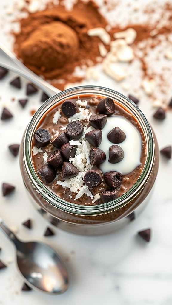 A jar of chocolate coconut overnight oats topped with chocolate chips and shredded coconut.