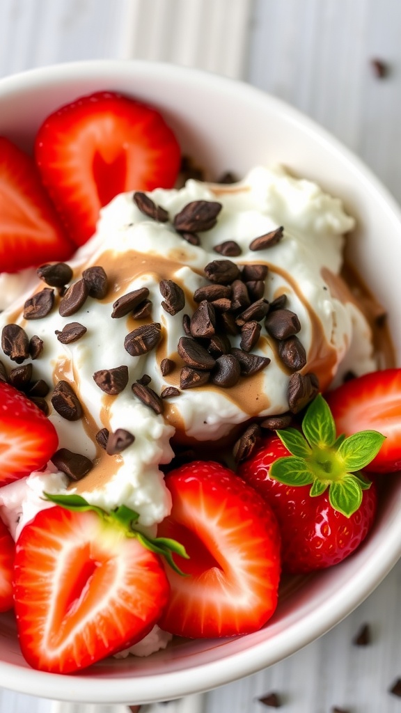 A bowl of chocolate cottage cheese topped with strawberries and chocolate sprinkles.