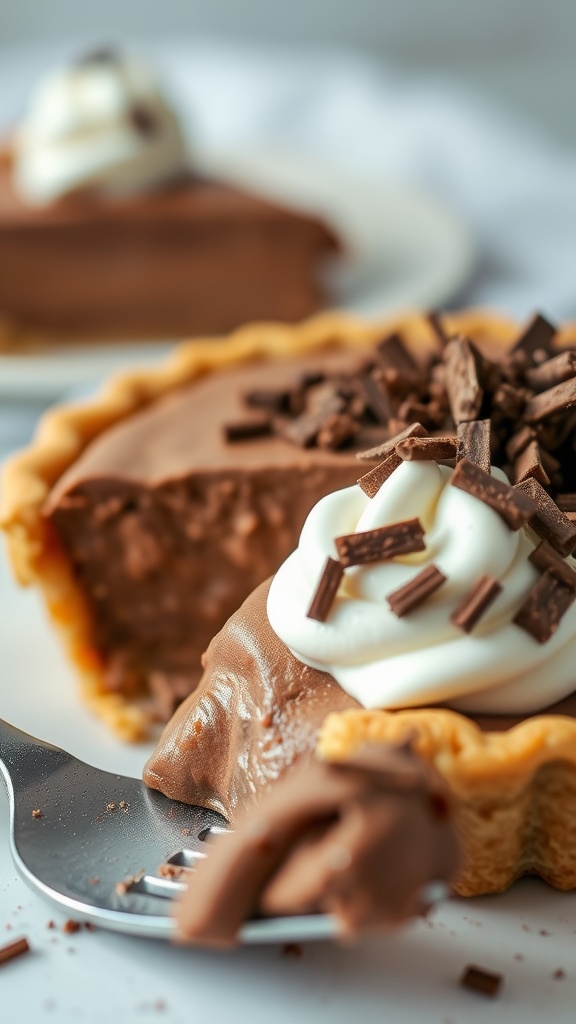 Slice of rich Chocolate Silk Pie topped with whipped cream and chocolate shavings