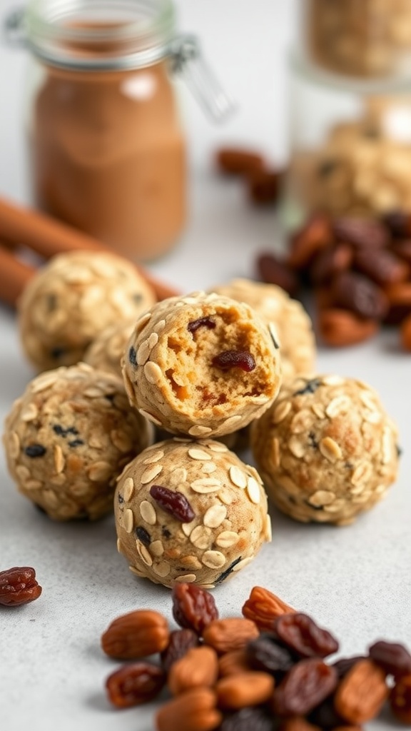 Healthy cinnamon raisin protein balls made with oats, nut butter, and raisins.