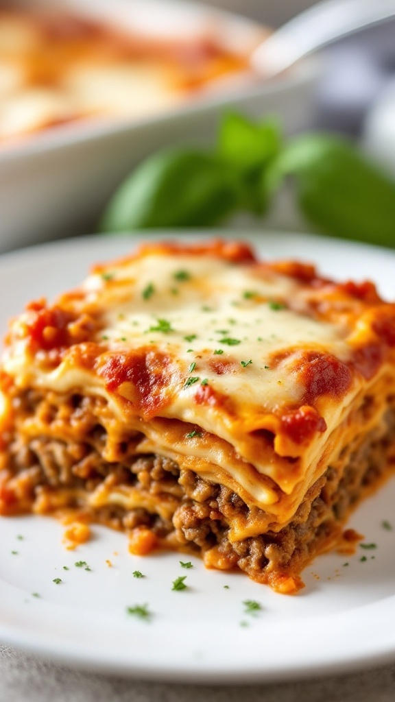 A delicious serving of classic beef lasagna with layers of meat, cheese, and pasta.