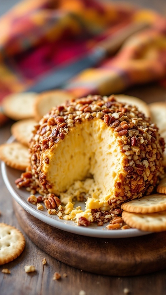 Classic Cheddar Cheese Ball with Pecans served with crackers.