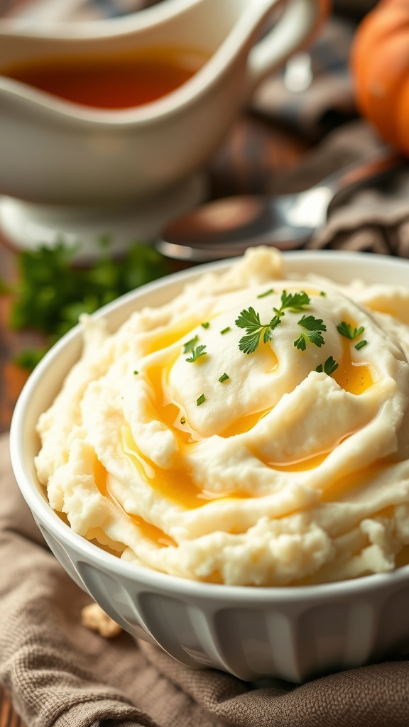 A bowl of creamy mashed potatoes topped with melted butter and garnished with parsley.