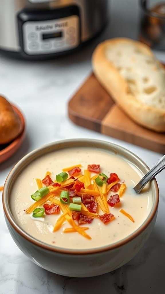 A bowl of creamy loaded potato soup topped with cheese, bacon, and green onions.