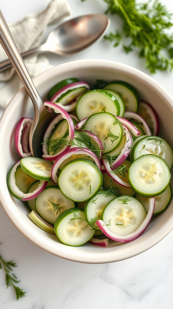 A bowl of classic cucumber dill salad with slices of cucumber and red onion, garnished with fresh dill.