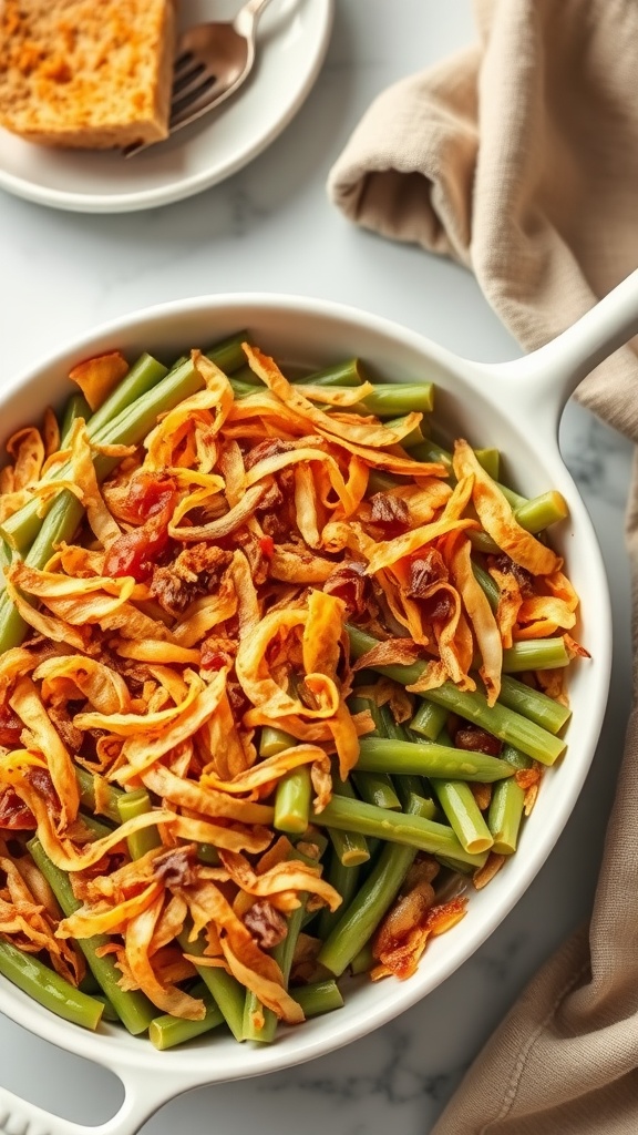 A dish of classic green bean casserole topped with crispy fried onions.