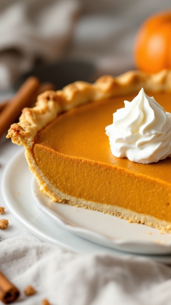 A classic pumpkin pie topped with whipped cream, set against a dark background with cinnamon sticks.