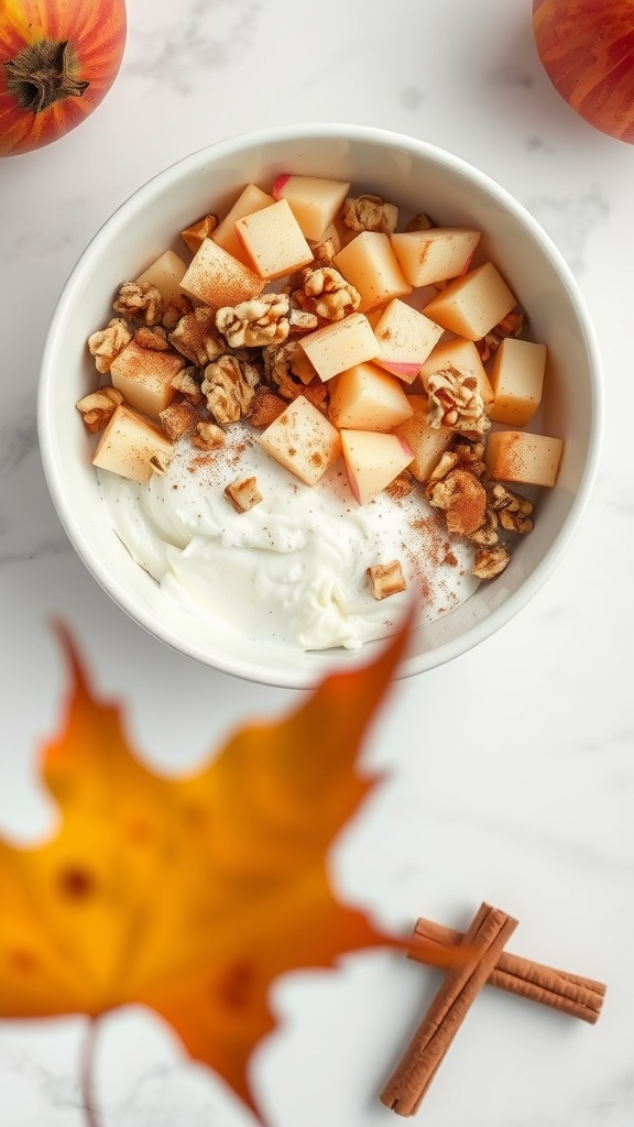 A bowl of cottage cheese topped with diced apples, walnuts, and a sprinkle of cinnamon.