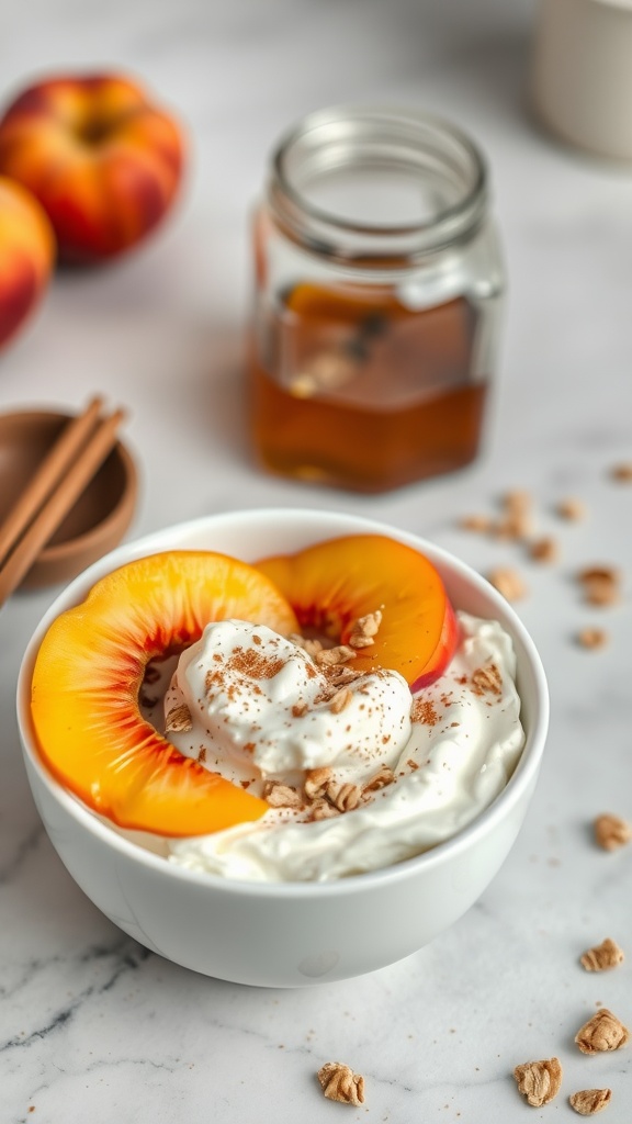 Cottage cheese and peach bowl with honey and granola