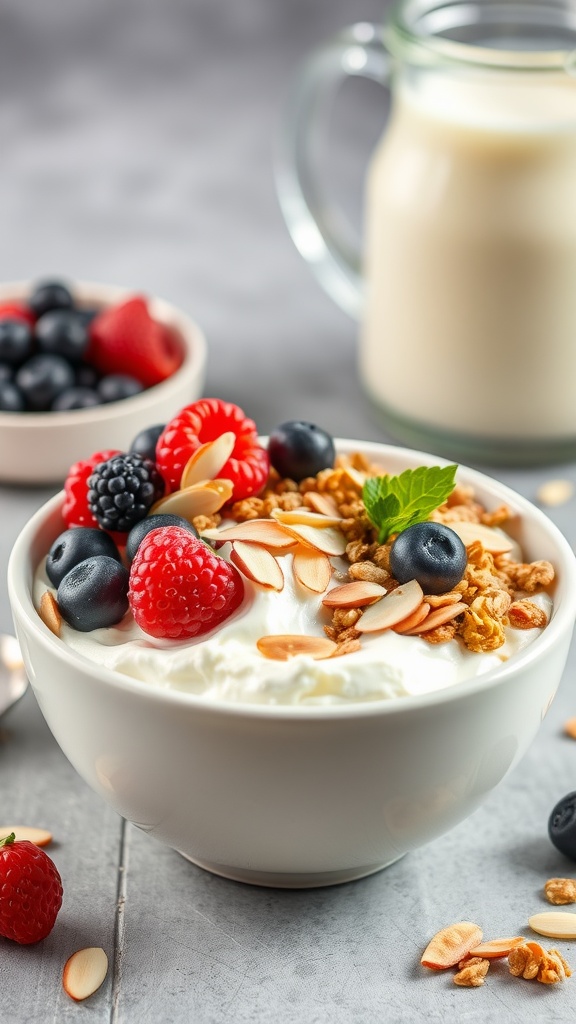 A delicious Cottage Cheese and Protein Granola Bowl topped with fresh berries, almonds, and granola.