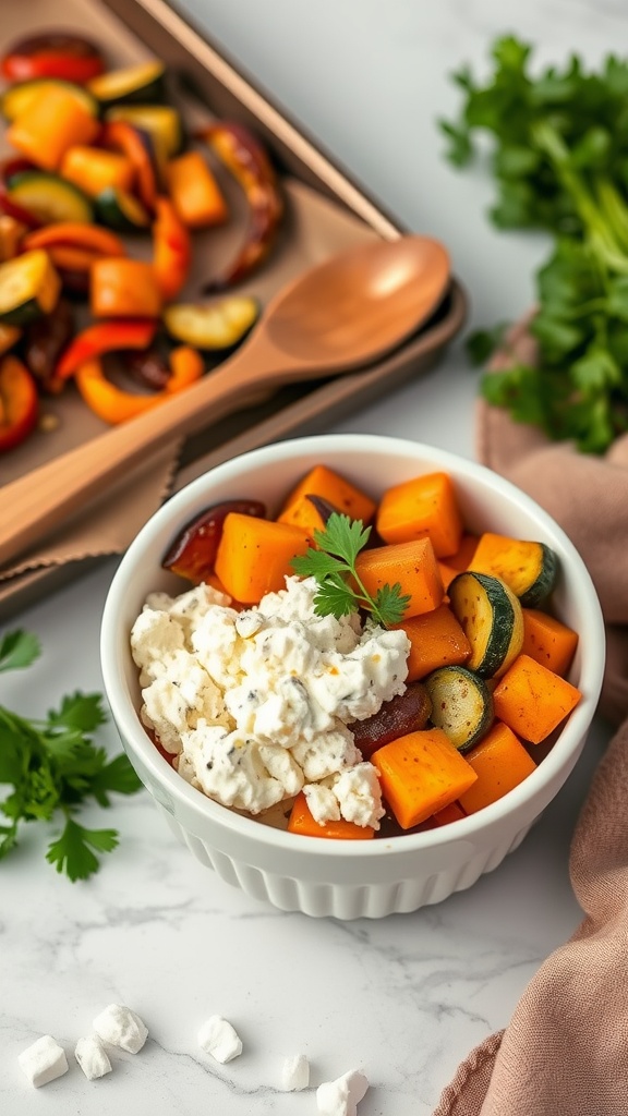 A healthy bowl of cottage cheese topped with roasted butternut squash, zucchini, and bell peppers, garnished with fresh herbs.