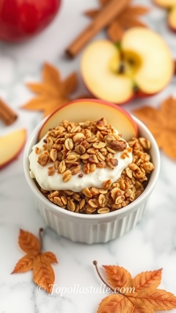 Cottage Cheese Apple Crisp dessert in a white bowl