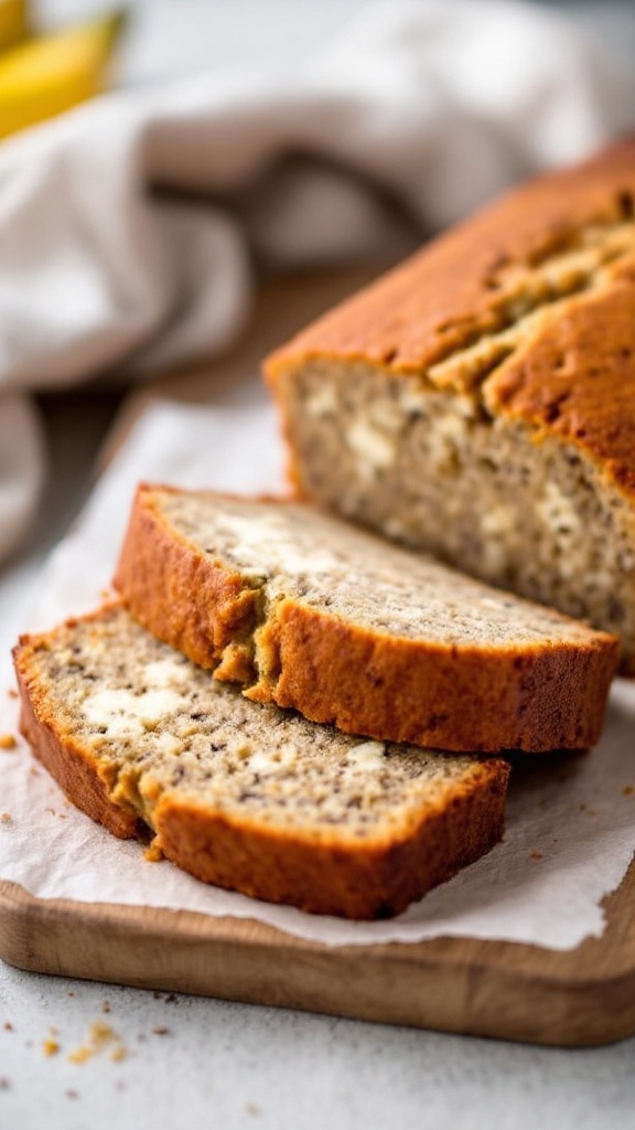 Delicious slice of cottage cheese banana bread with banana slices on the side.