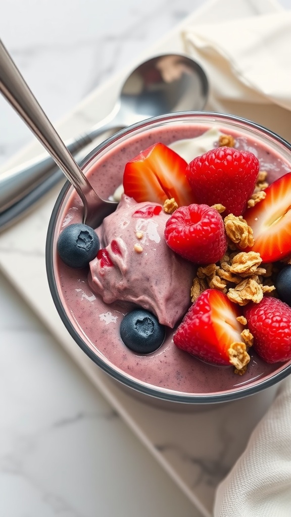 A delicious cottage cheese berry smoothie bowl topped with granola and fresh berries.