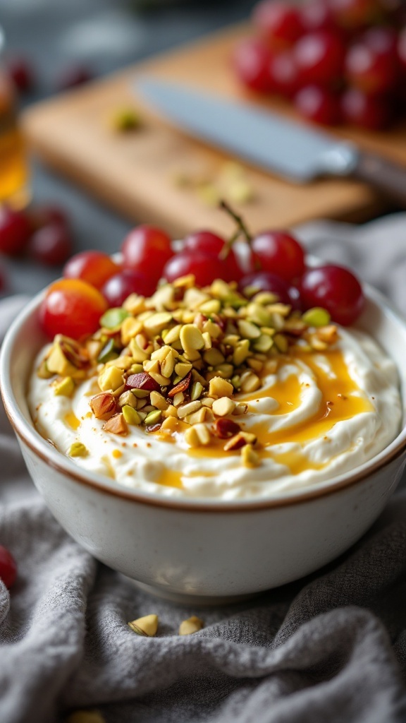 A bowl of cottage cheese topped with grapes, pistachios, and honey.