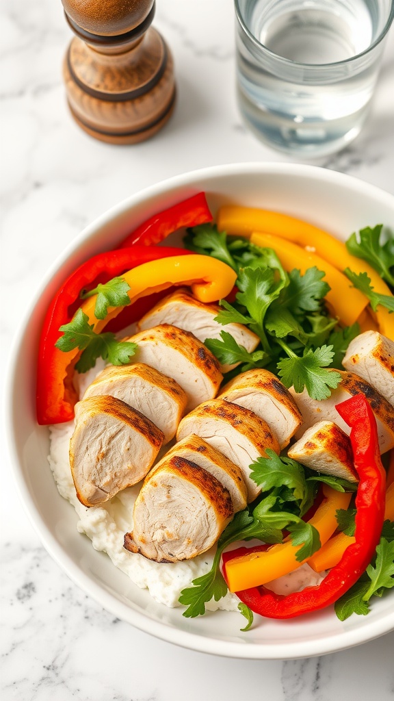 A nutritious cottage cheese bowl topped with grilled chicken and colorful bell peppers, garnished with greens.