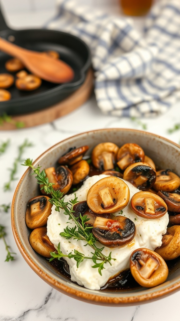 A bowl of cottage cheese topped with sautéed mushrooms and fresh thyme.