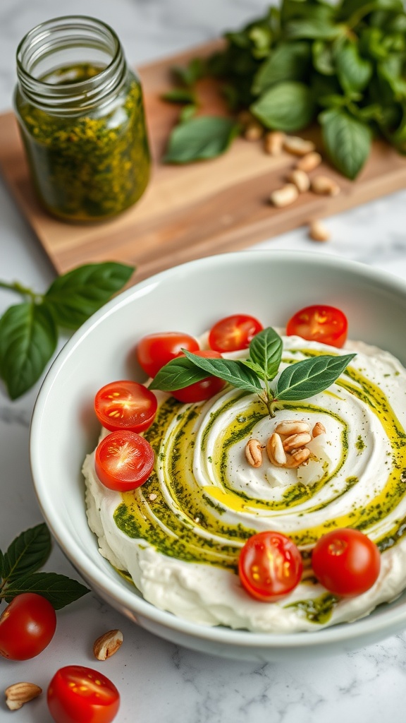 A bowl of cottage cheese topped with pesto, cherry tomatoes, and pine nuts, garnished with fresh basil leaves.