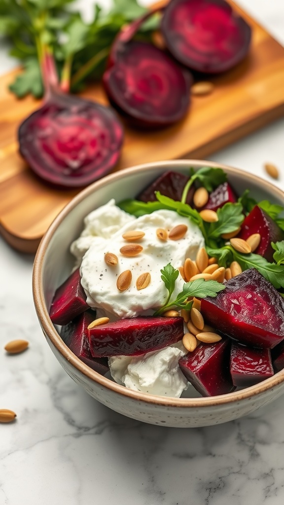 Cottage cheese bowl with roasted beets, arugula, and pine nuts.