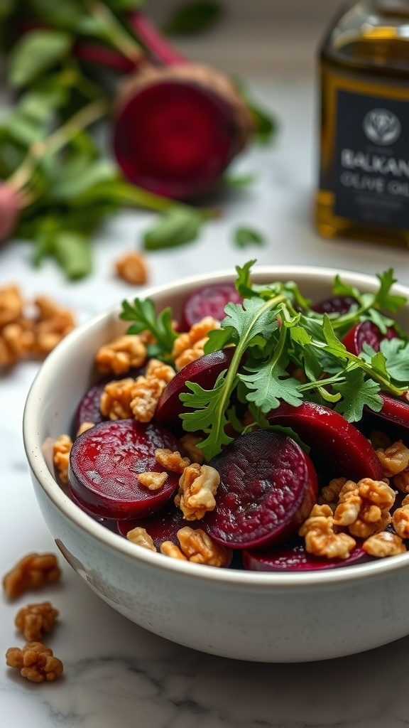 Cottage cheese bowl with roasted beets, walnuts, and greens