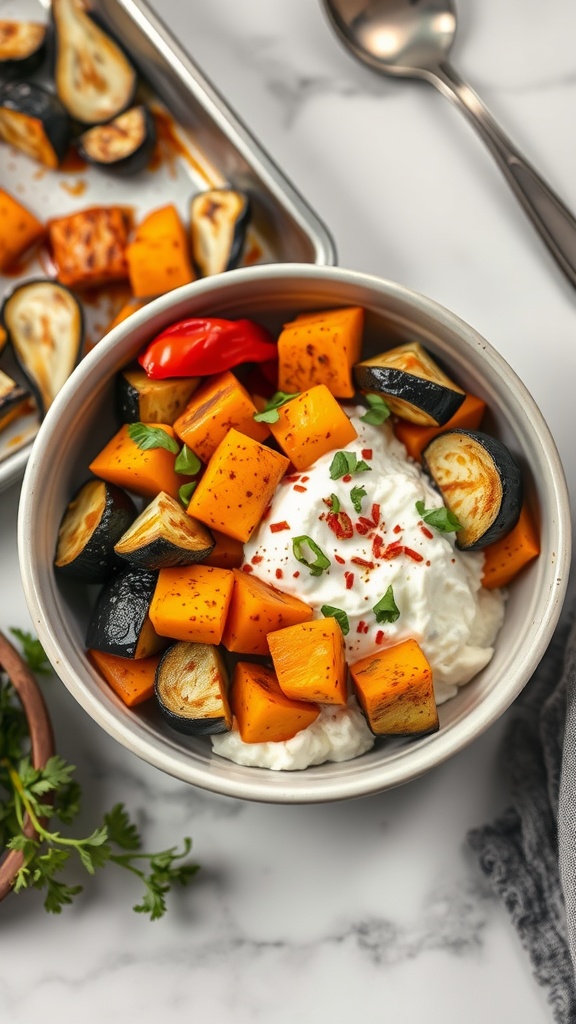A bowl of cottage cheese topped with roasted butternut squash, eggplant, and red bell pepper, garnished with herbs.