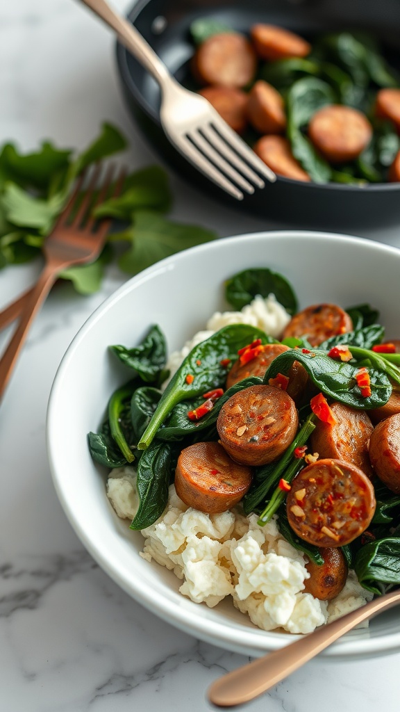 A delicious bowl of cottage cheese topped with cooked sausage and fresh spinach