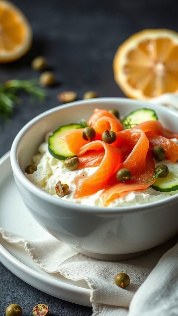 A delicious bowl of cottage cheese topped with smoked salmon, cucumber slices, and pumpkin seeds, garnished with dill.