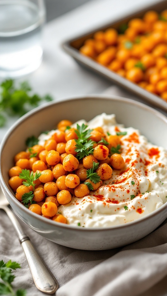 A bowl of cottage cheese topped with spiced chickpeas and herbs.
