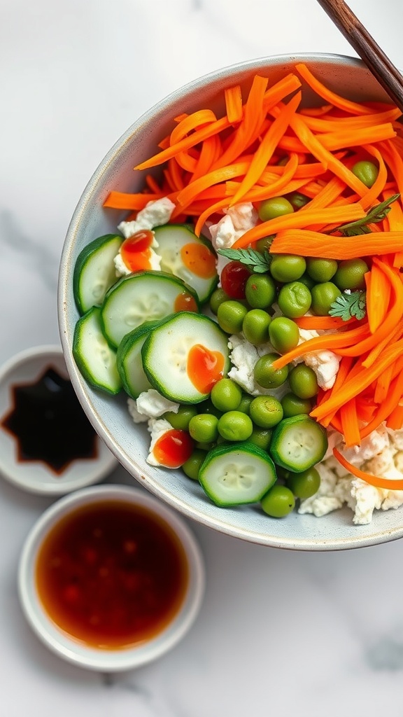A vibrant bowl of cottage cheese topped with edamame, cucumber, carrots, and Sriracha sauce.
