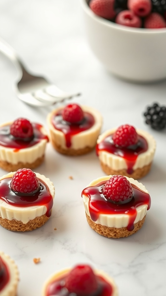 Delicious cottage cheese cheesecake bites topped with red fruit and drizzled sauce.
