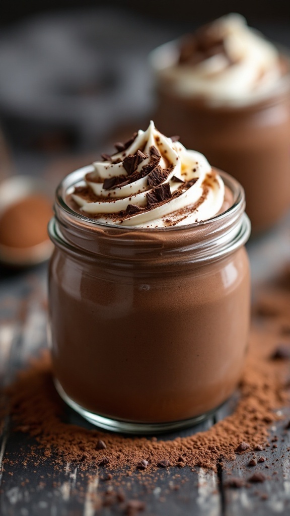 A jar of chocolate mousse topped with whipped cream and chocolate shavings.