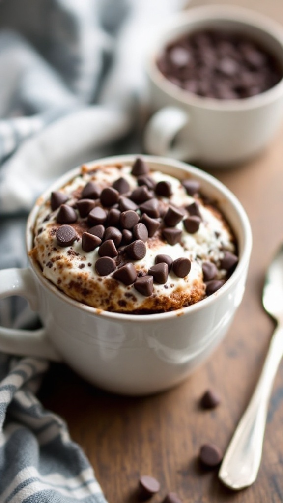 A close-up of a chocolate mug cake topped with chocolate chips, surrounded by bowls of chocolate chips.