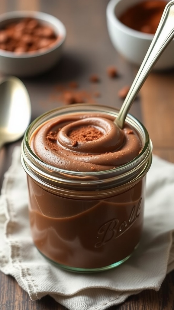 A jar of creamy chocolate pudding made with cottage cheese