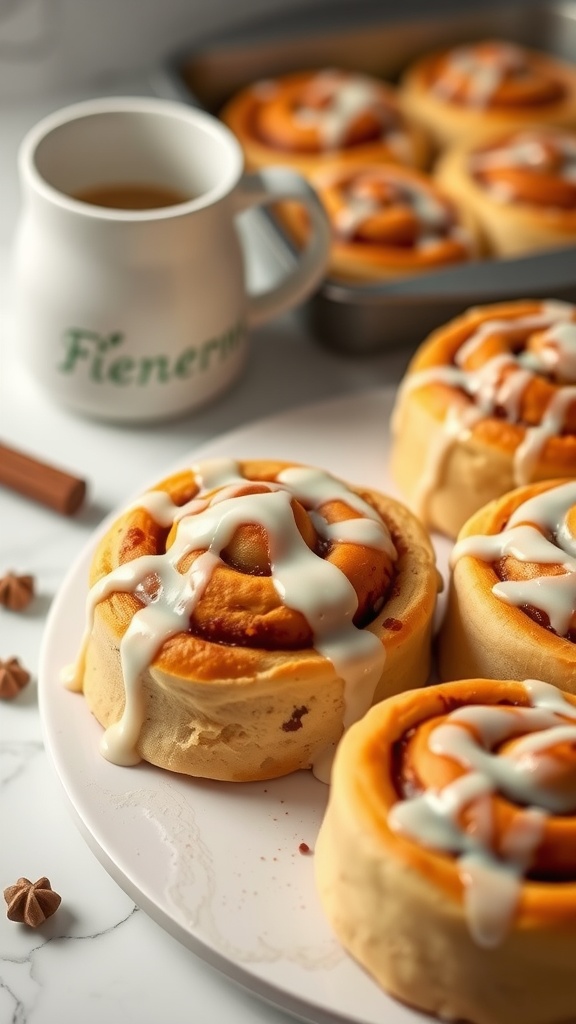 A plate of gooey cinnamon rolls drizzled with icing