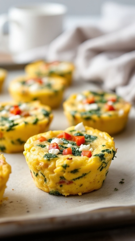 Three cottage cheese egg muffins topped with red peppers and spinach