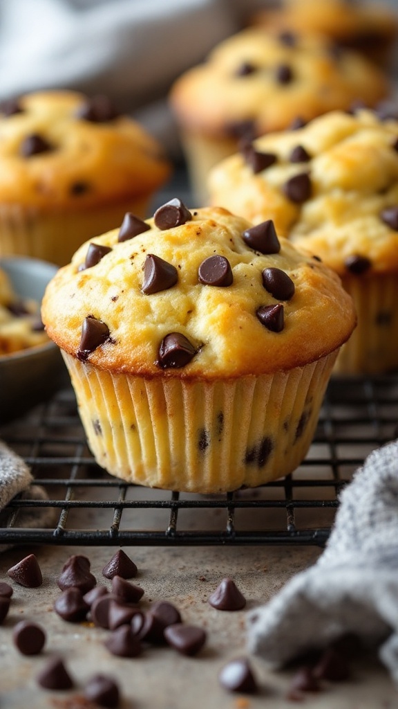 Cottage cheese muffins topped with chocolate chips on a cooling rack