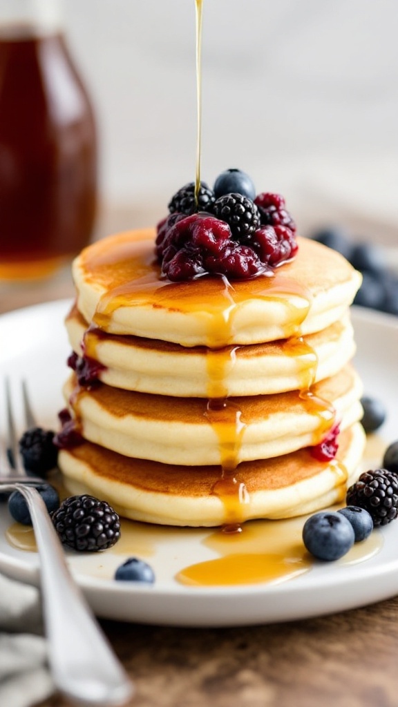 Stack of cottage cheese pancakes topped with mixed berries and syrup