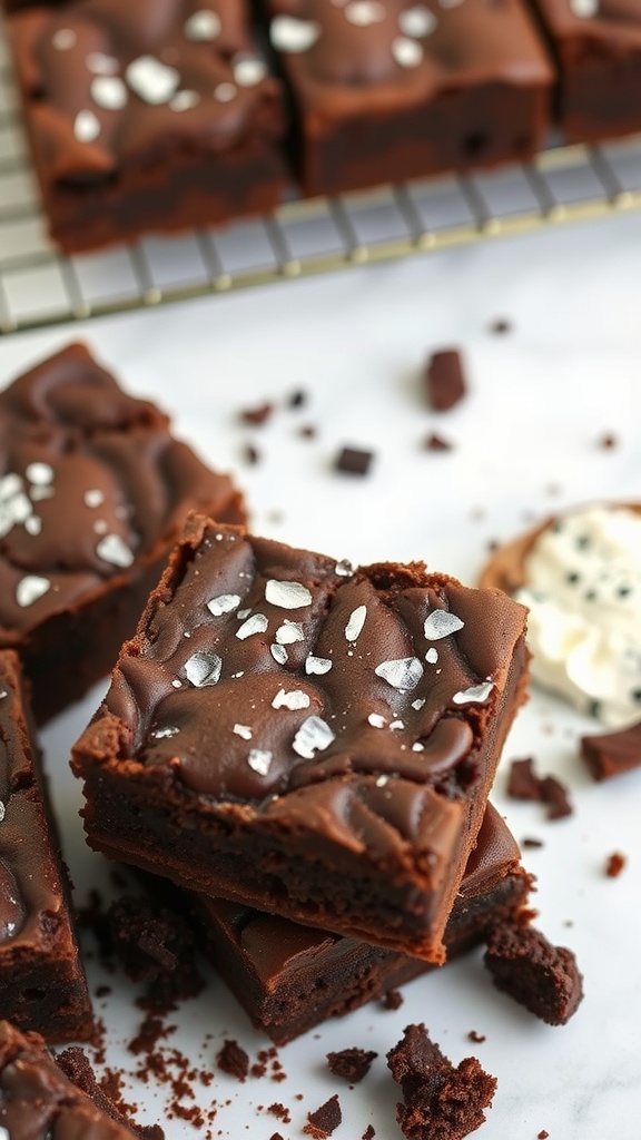 Fudgy chocolate brownies topped with a sprinkle of sea salt.